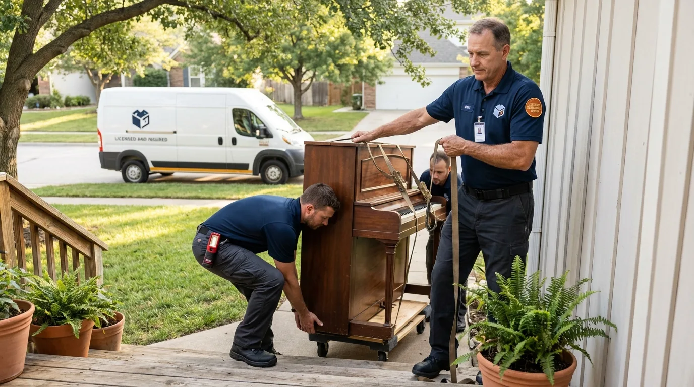 Licensed piano movers securing grand piano in Tipton, MO